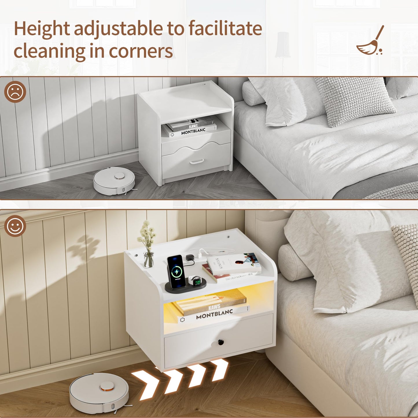 BonVache Set of 2 Floating Bedside Tables, Multi-Function Adjustable Lighting and Charging Station, Floating nightstand with Open Shelf and Drawer