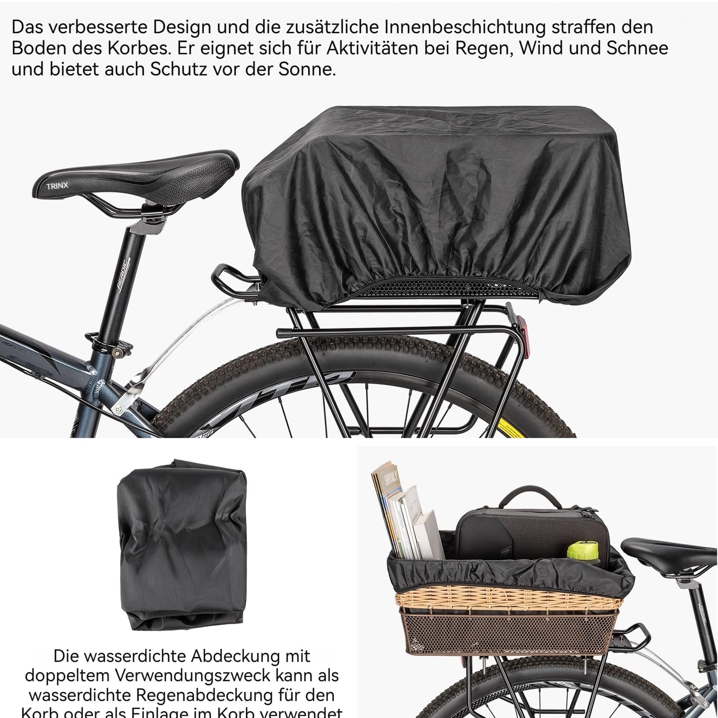 Large Rear Bike Basket, 25L Woven Basket with Load Capacity up to 20 kg – Metal Base Weatherproof & Rust-Free – for E-Bike and Electric Bicycle