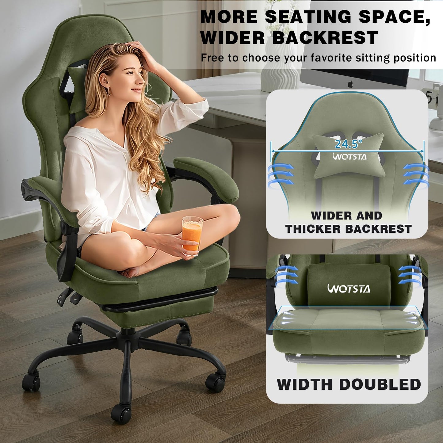 WOTSTA Gaming Chair for Adults, Ergonomic Gaming Chair with Footrest, Lumbar Support and Headrest, Adjustable Height computer chairs gaming