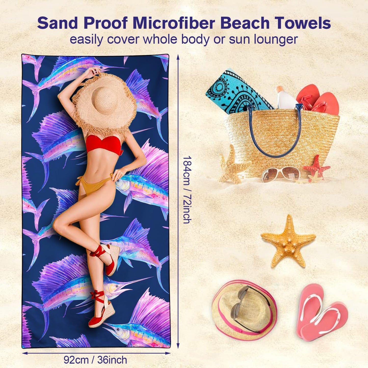 Violetpos Colorful Sailfish Print Beach Towel, Extra Large 180x90 cm 250GSM Microfibre, Sand Free Quick Dry