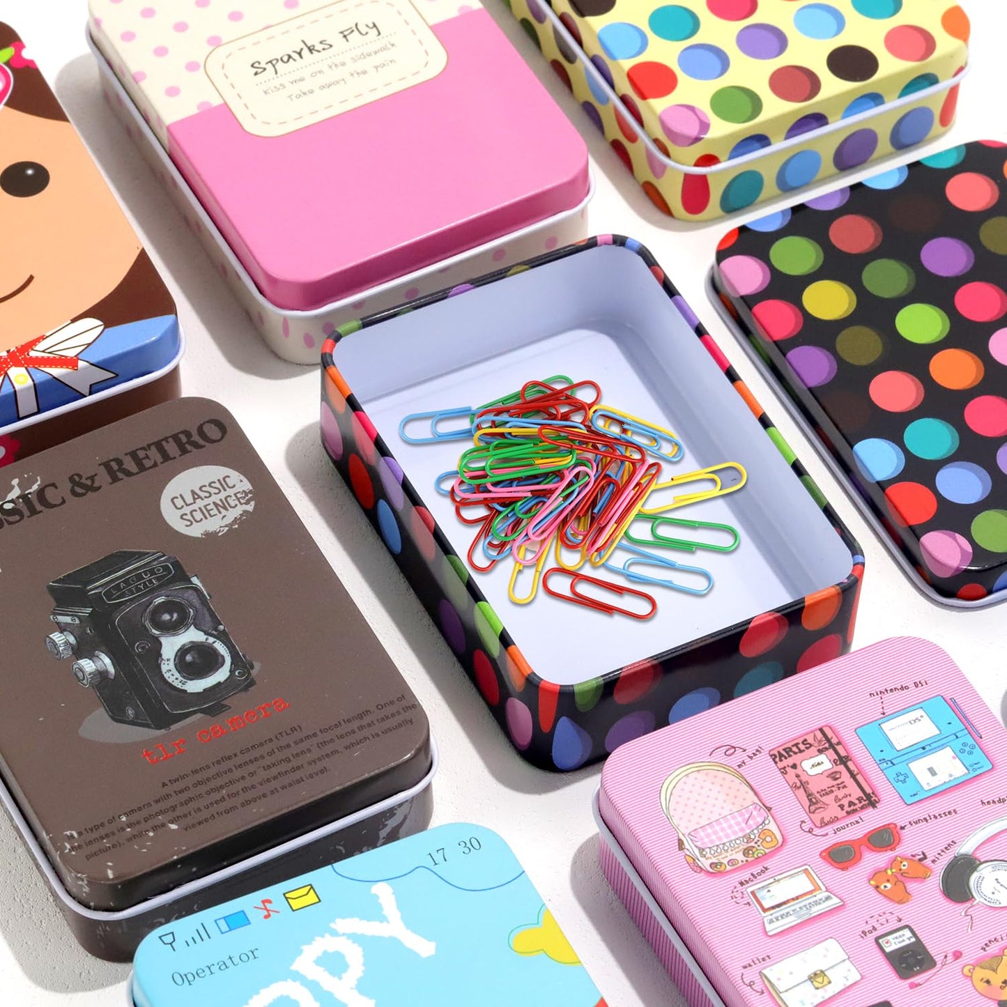 Pramape Pack of 8 Metal Tins with Lids, 90 x 65 x 25 mm Circular Dots Tin Boxes for Small Items and Craft Projects