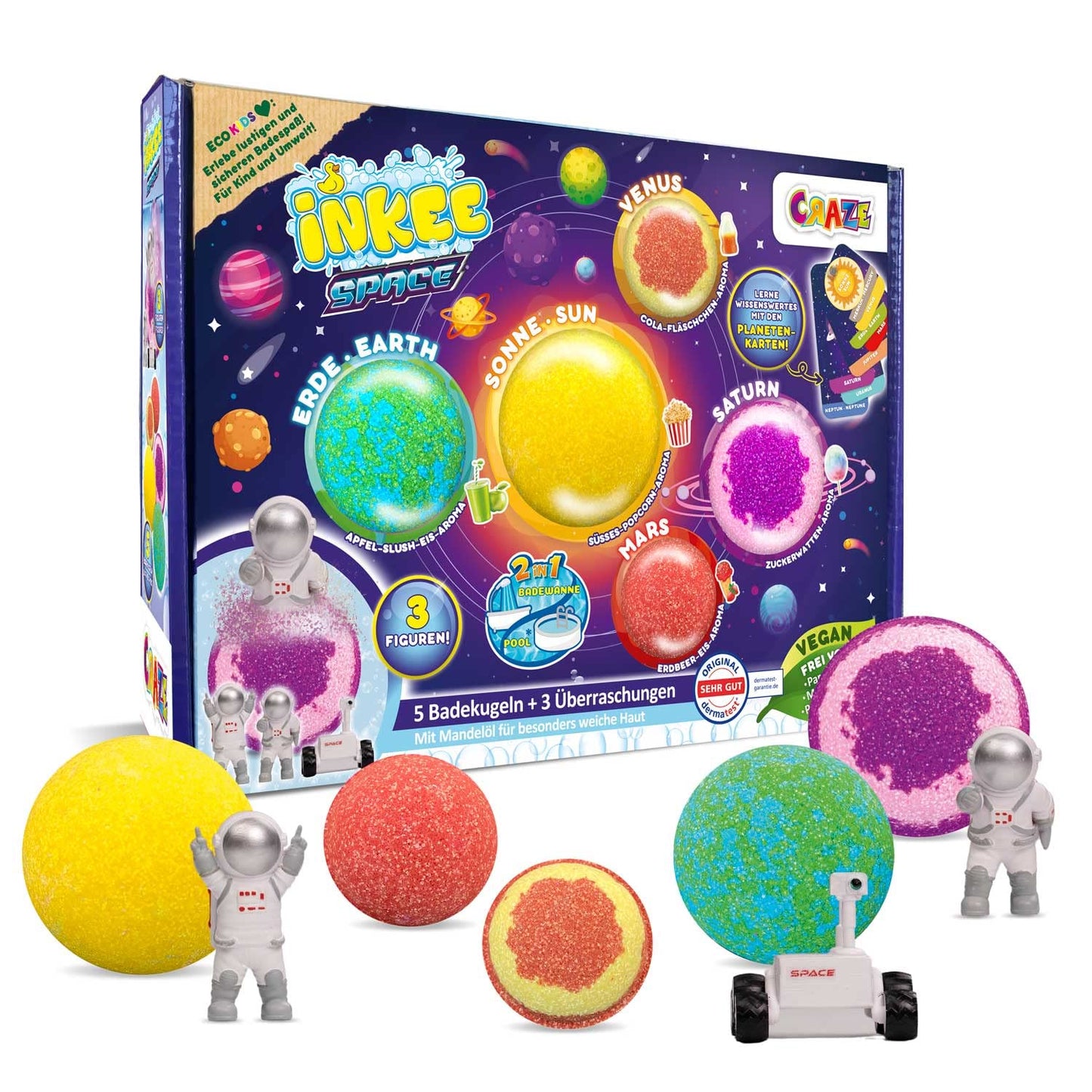 INKEE Space Kids Bath Bombs with Surprise Toys ? Solar System Planet Collection, 5 Bubble Bath Bombs with Scents ? Fun Bath Toys and Gift for Children