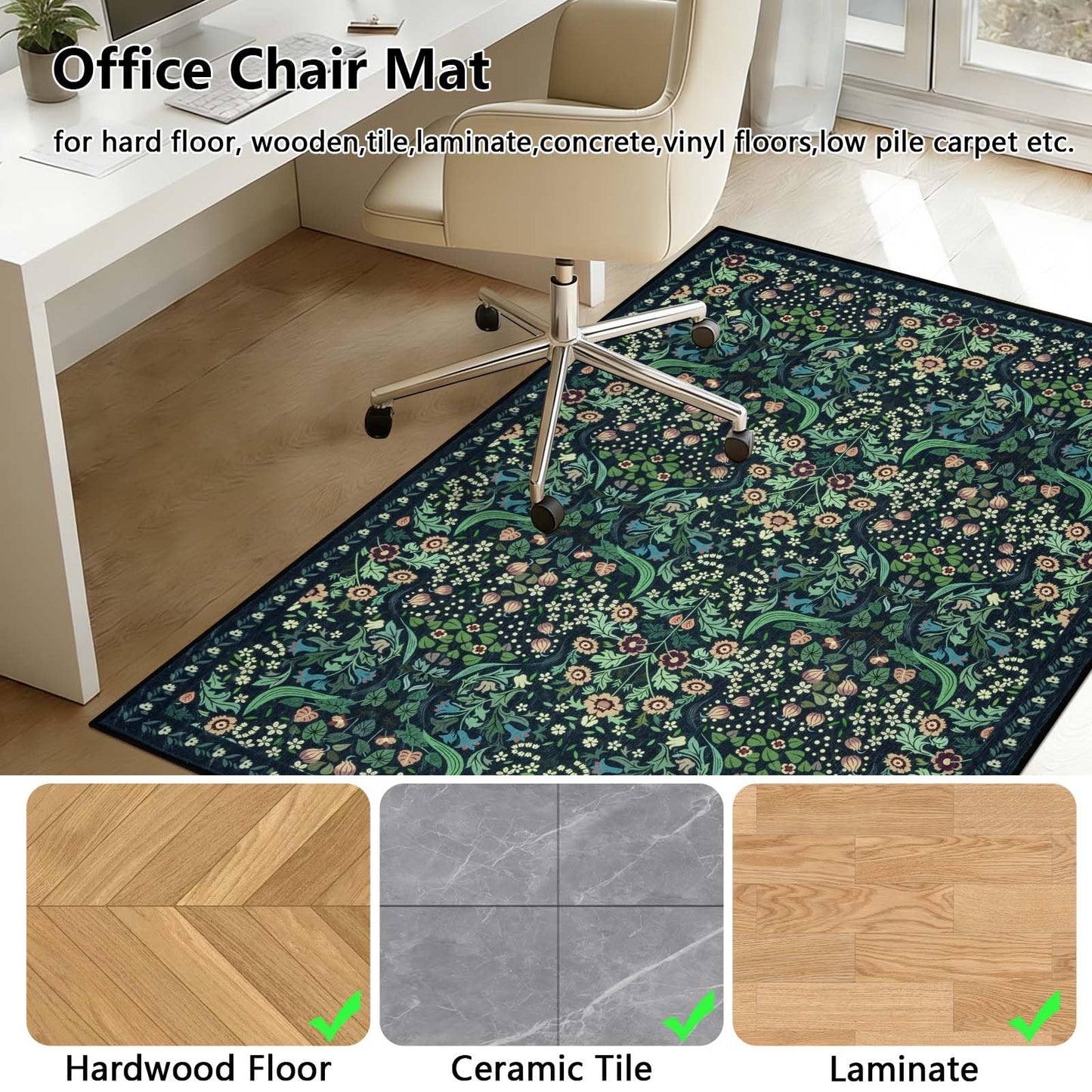 Famibay Office Chair Mat for Hardwood Floor 90x120cm Dark Green Chair Floor Protection Mat Non Slip Computer Desk Chair Mat for Hard Floor Rubber