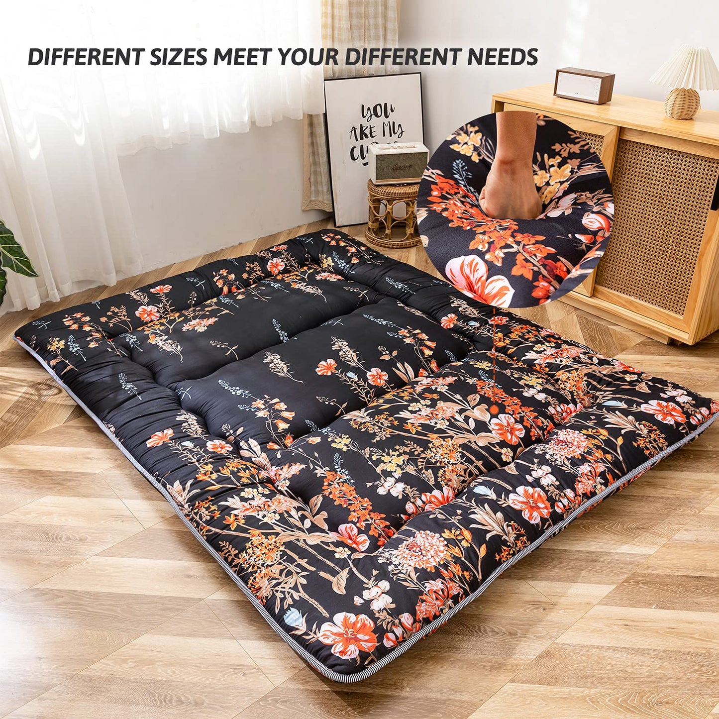 MAXYOYO Japanese Floor Futon Mattress, Thicken Tatami Mat Sleeping Pad Foldable Roll Up Mattress Dormitory Mattress Pad Floor Lounger Pillow Bed