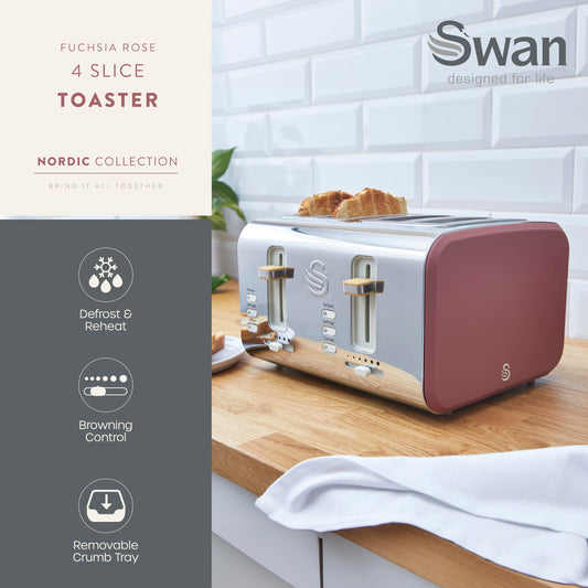 Swan ST14620FUS Nordic 4 Slice Toaster with 6 Browning Levels, Defrost/Reheat/Cancel, Removable Crumb Trays, Cord Storage, 1500W, Fuchsia Rose, Fusia
