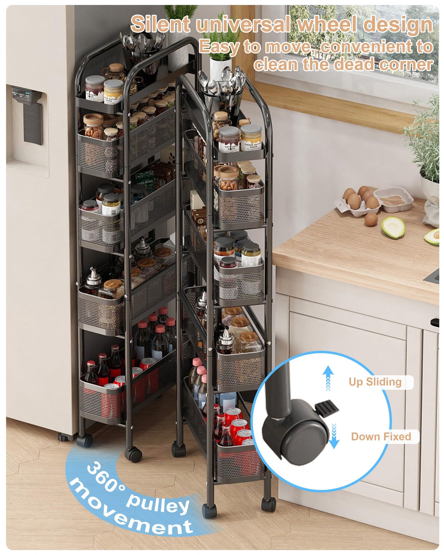 UMDONX Metal Kitchen Trolley with Pull out Drawer Basket Narrow 5 Tier