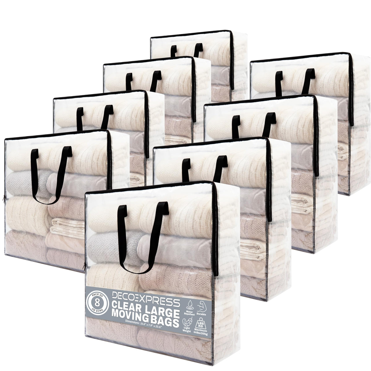 DECO EXPRESS Clear Storage & Moving Bags 72L, Pack of 8, Heavy duty & Waterproof Large Clothes Storage Bags with Zips for Duvet, Bedding & Laundry