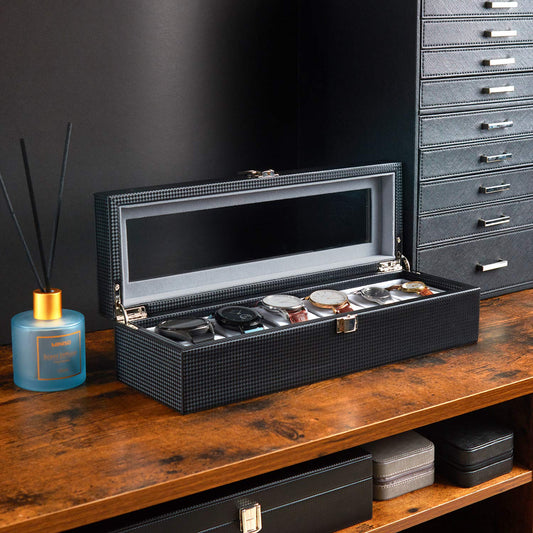 Mondeer Watch Box, Watch Display Organizer, Watch Storage with Glass Lid, Grey Velvet Lining, Lockable with Silver Metal Clasp, 6 Slots,