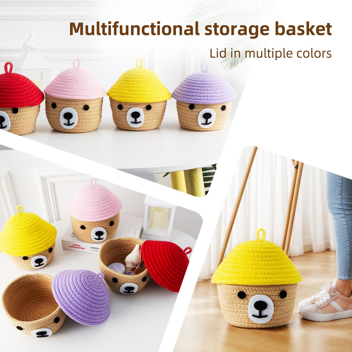 Hand Woven Cotton Rope Bear Basket - Home Storage, Decorative for Children's Bedroom and Living Room, Dedicated for Toys, Keys and Accessories