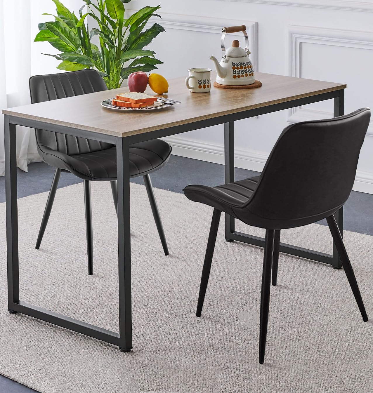 Hallowood Furniture Kempley Dining Table and Chairs Set of 2, Small Kitchen Table and Chairs in Black Faux Leather and U Shaped Metal Legs, Dining