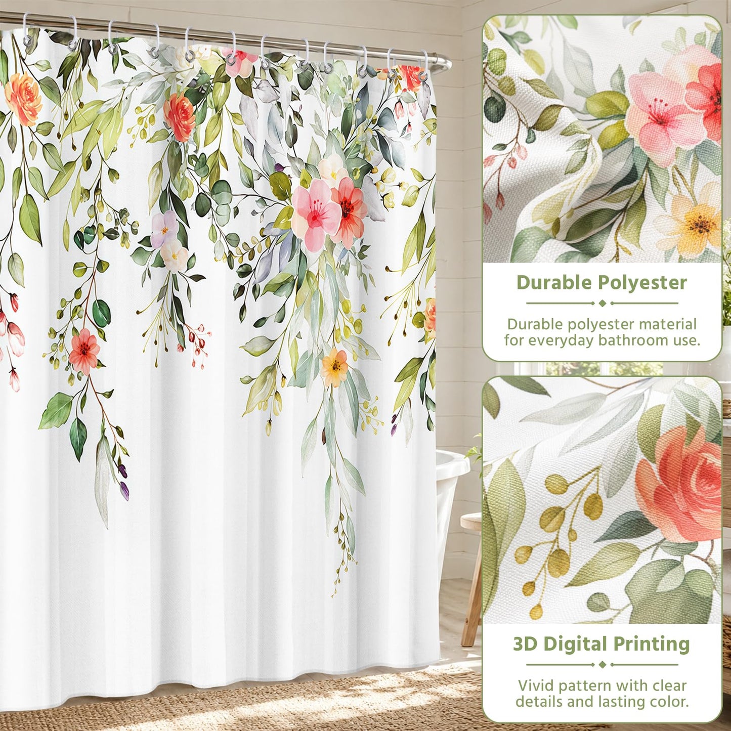 FAVORTALK Shower Curtain White Mould Proof Resistant Waterproof Floral Bathroom Curtains with 12 hooks Quick-Drying Weighted 180x180cm