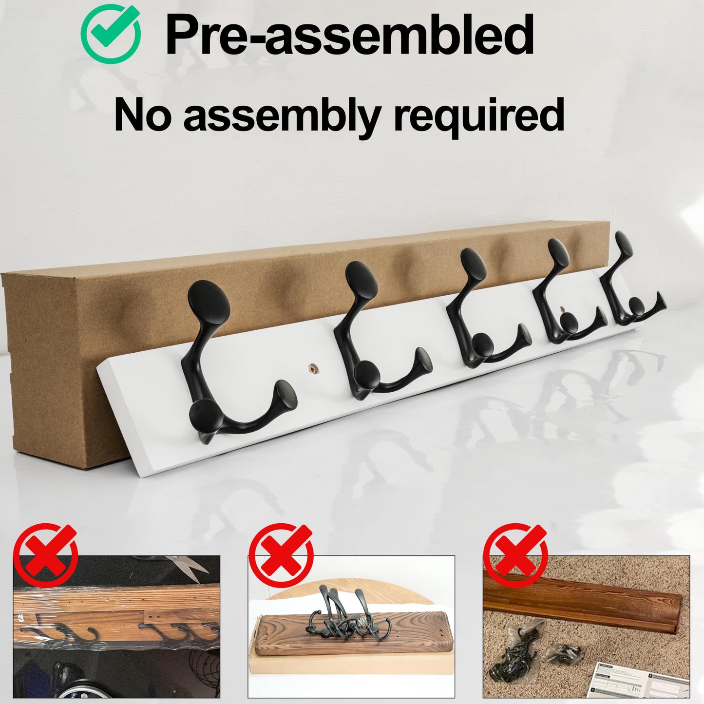 HONSKY Wall Mounted Coat Rack, 76cm White Pine Base, 5 Black Sturdy Aluminium Alloy Triple Hooks(15 Hanging Points)