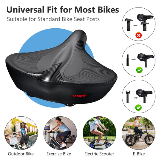 DAWAY W60 Extra Wide Bike Seat - Ultra Comfortable Memory Foam Saddle for Outdoor Indoor Rides, Ergonomic, with Shock Absorbers, Universal Fit for