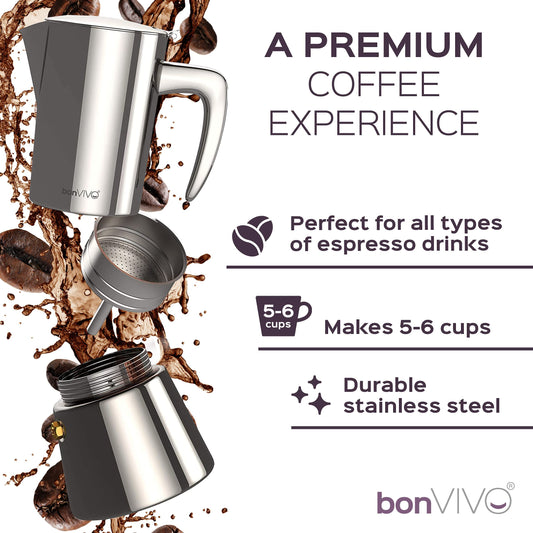 bonVIVO Moka Pot - 6 Cup Intenca Stainless Steel Espresso Maker w/Copper Finish - Stove Top Italian Coffee Maker - 300ml Coffee Pot - Gifts for Men