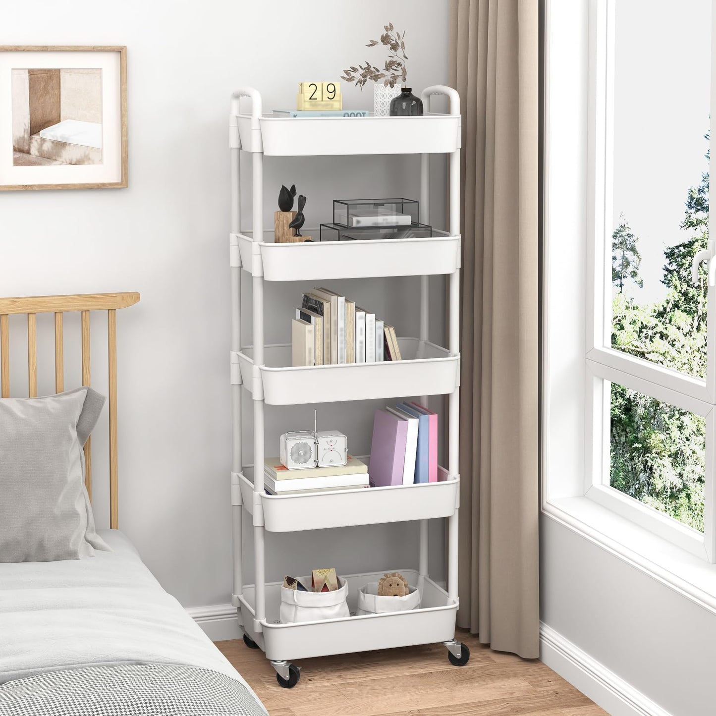Sywhitta 5-Tier Plastic Rolling Utility Cart with Handle, Multi-Functional Storage Trolley for Office, Living Room, Kitchen