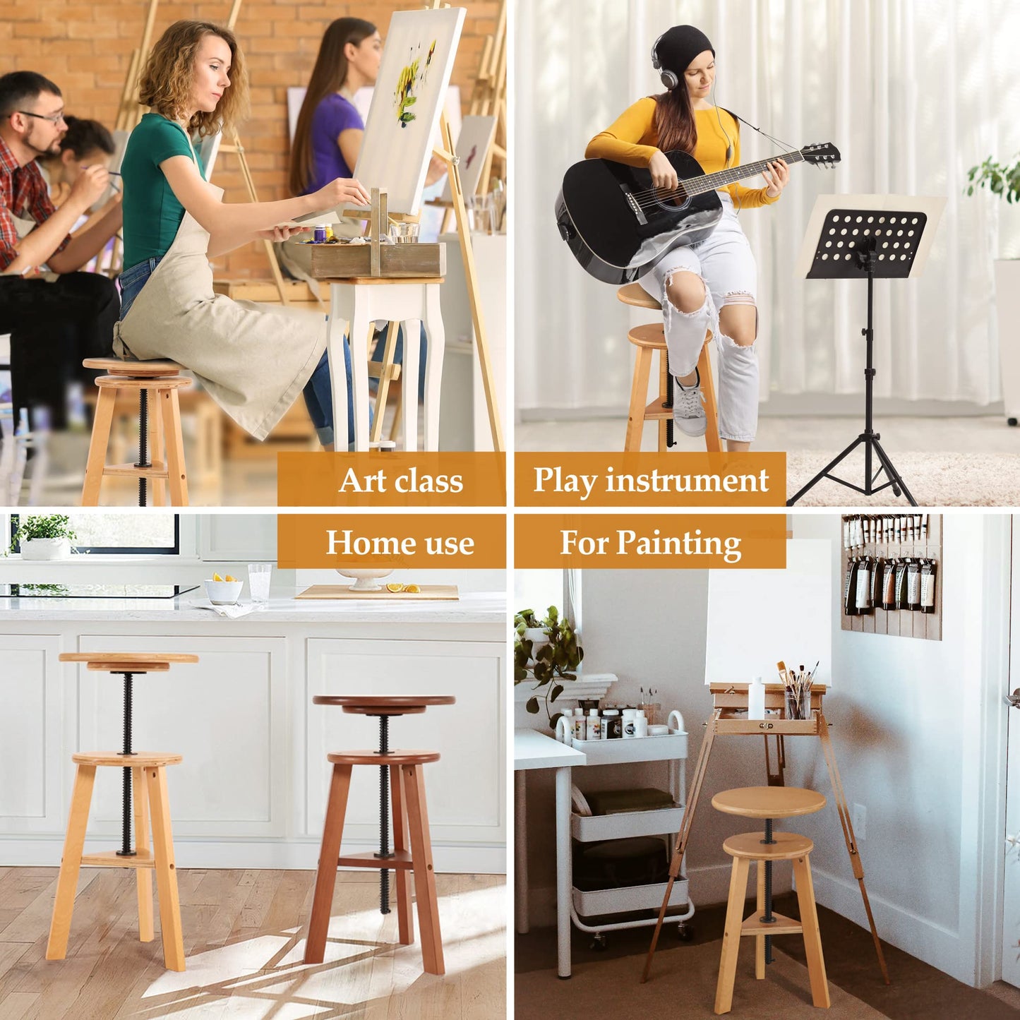 VISWIN Wooden Drafting Stool, 19-26" Adjustable Height, Solid Beech Wood Stool for Studio, Office, Home Kitchen, Bars, Artist Stool Chair for Painting
