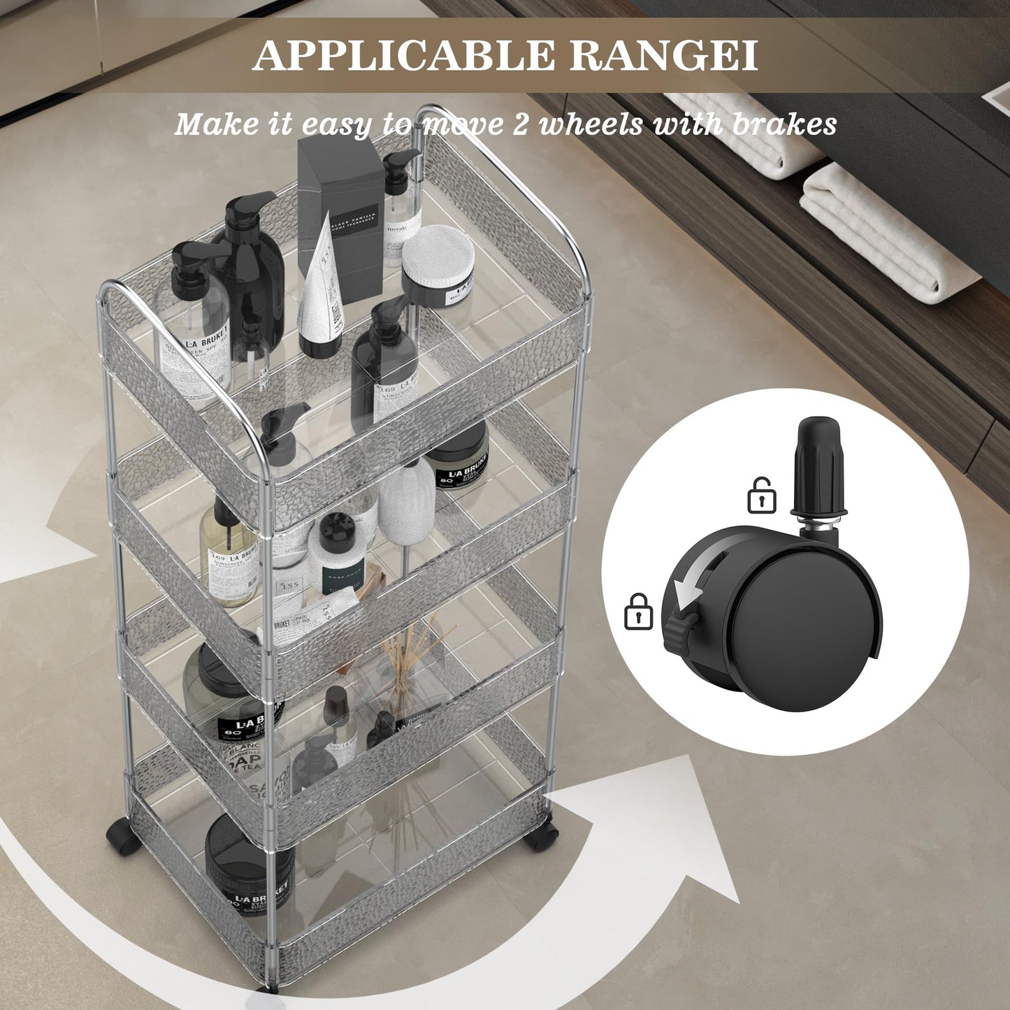 CraftGenes 4-Tier Slim Storage Trolley on Wheels with Lock, 36x27x95cm, Transparent Bathroom Trolley with Stainless Steel Frame & U-Handle