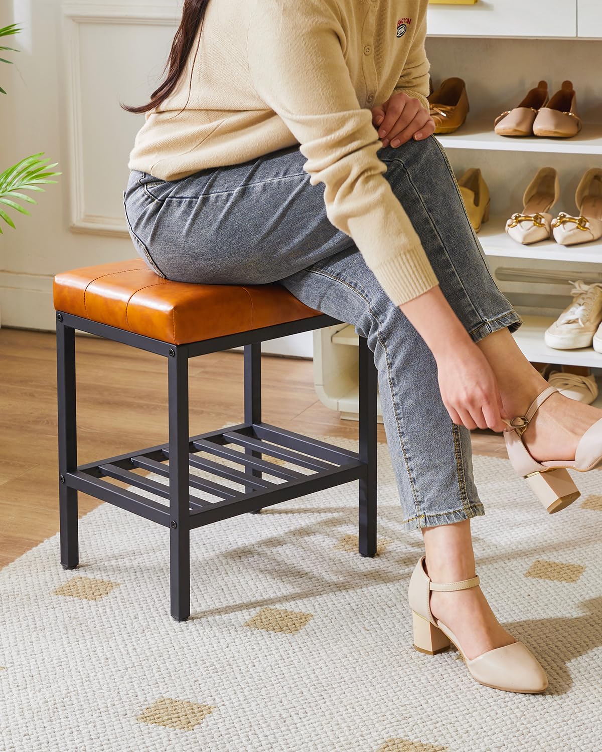 IBUYKE Rectangular Makeup Stool, PU Seat Vanity Chair, Light Brown WBD017J