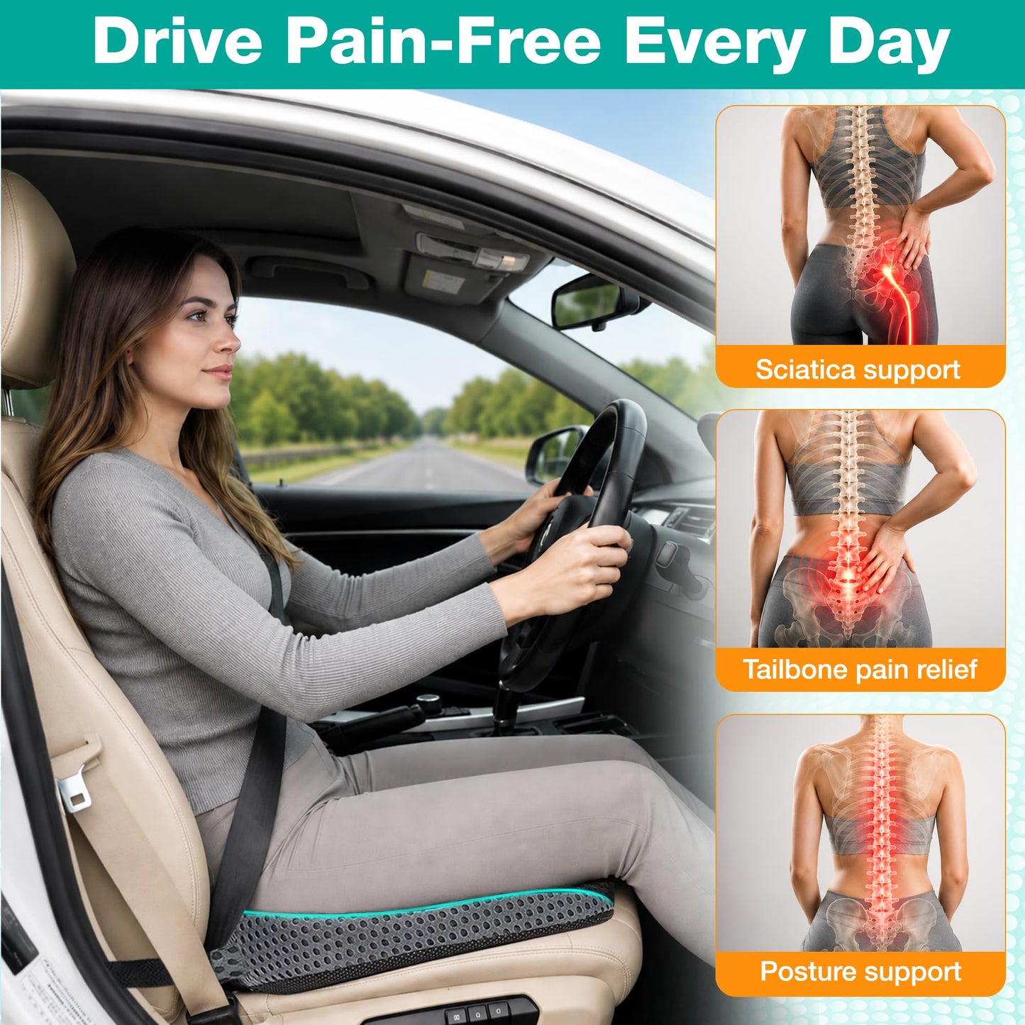 XomRo Car Seat Cushion for Driving Memory Foam Car Wedge Seat Cushion Seat Booster Height Increase Posture Support Breathable 4D Mesh Pad Adjustable