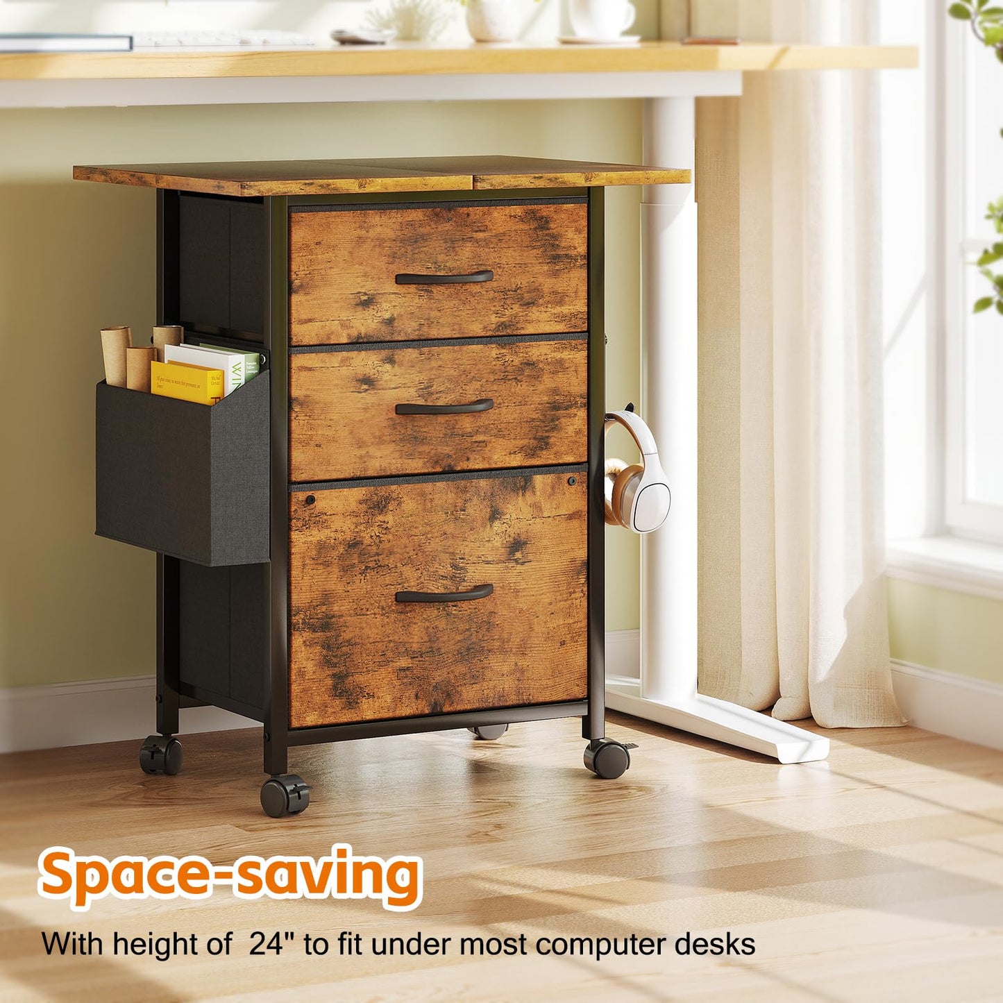 CAIYUN Filing Cabinet with 3 Fabric Drawers, Mobile File Cabinet on Wheels & Adjustable Feet, Rolling Under Desk Cabinet