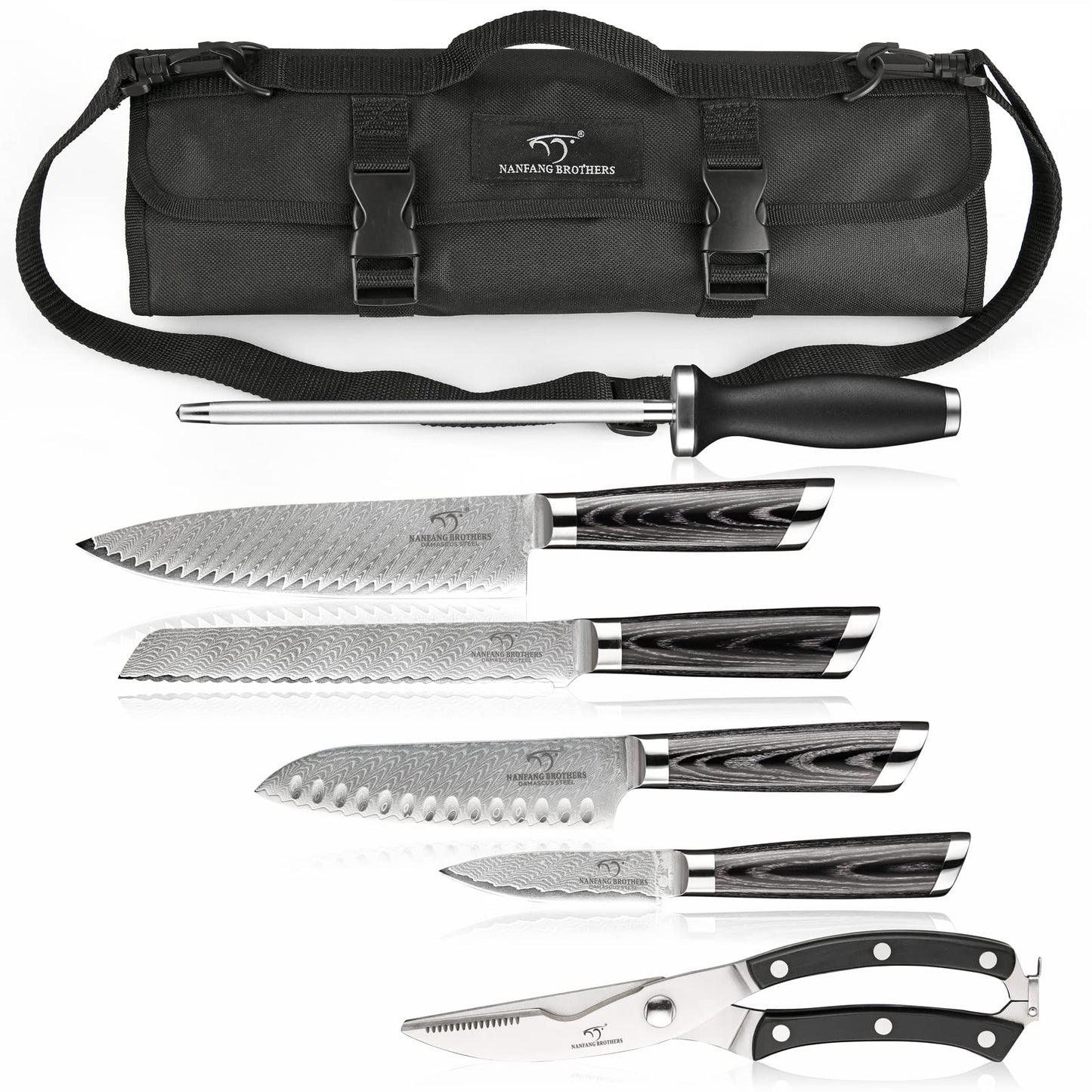NANFANG BROTHERS Chef Knife Set, 8 Pieces Damascus Steel Knives with Portable Roll Storage Bag, Carving Fork, Knife Sharpener and Kitchen Shears for