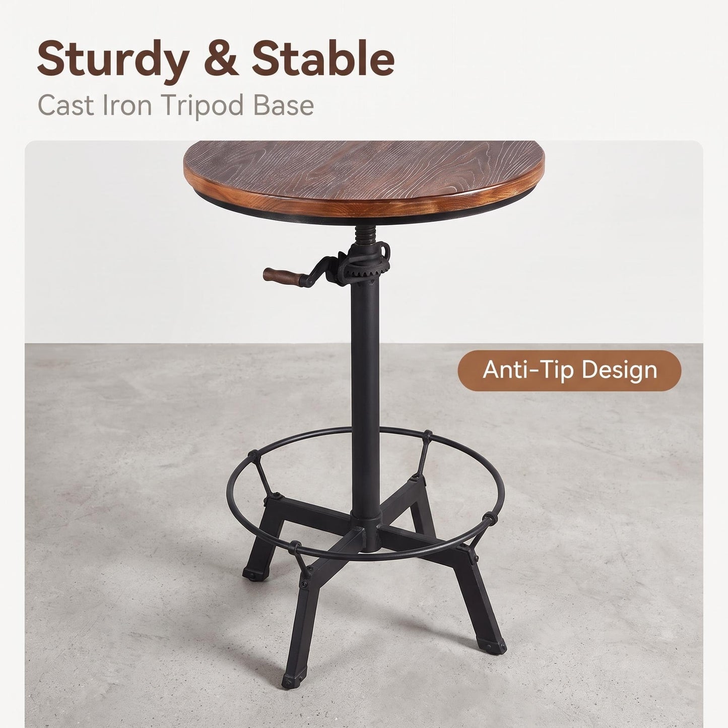 BOKKOLIK Industrial Bar Table 33.47-39.37inch Height Adjustable Swivel Wooden Top Vintage Breakfast Dining Table Farmhouse Cocktail Bistro Pub Table