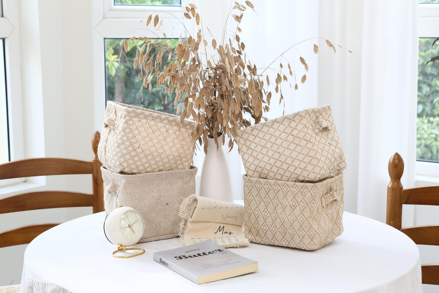 Sea Team 4.5L Mini Size Jute Storage Basket 4pcs Square Box with Double Handles Table and Room Small Items Storage Expert