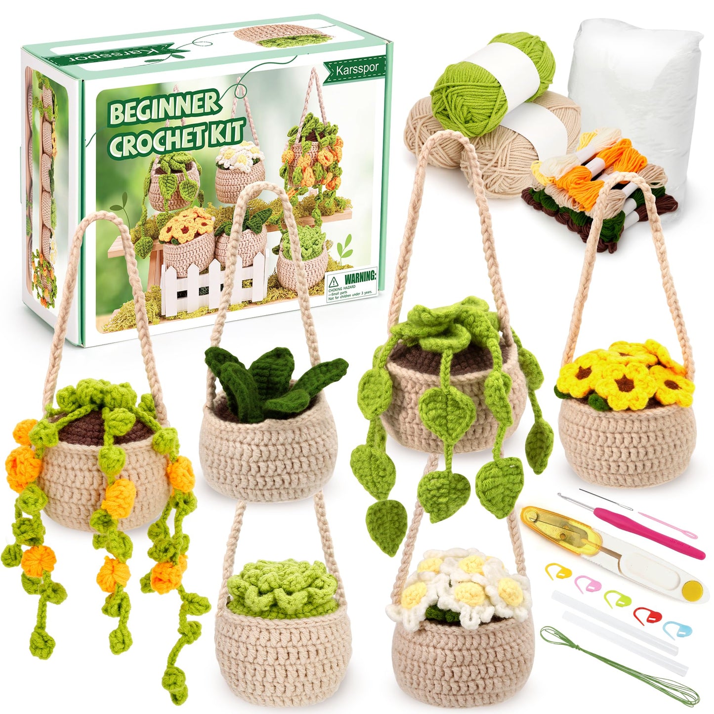 Karsspor Beginner Crochet Kit - 6 PCS Hanging Potted Plants Crochet, Crochet Starter Kit with Detailed Instructions and Video Tutorials, Complete