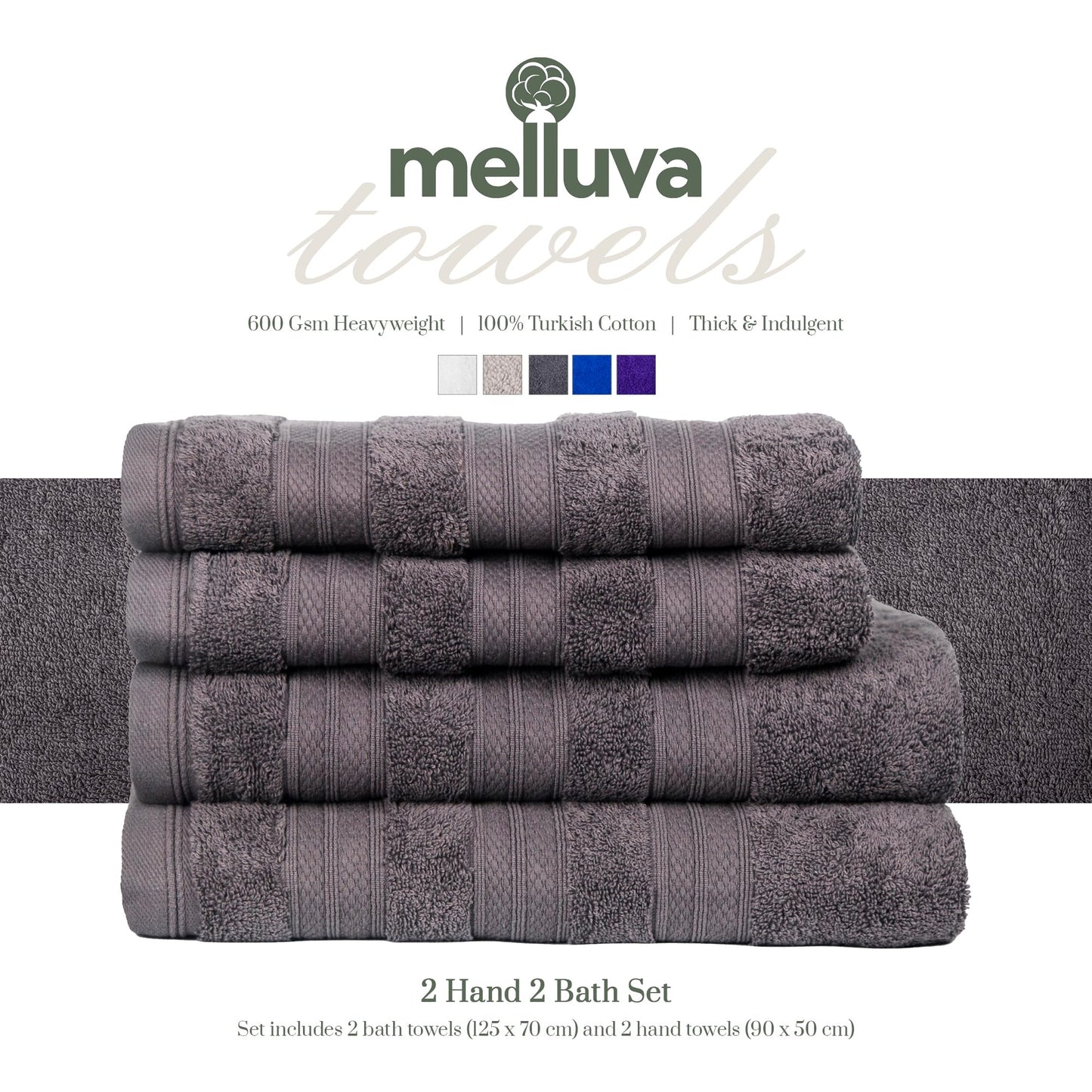 MELLUVA Large Bath Towels | Set of 4 | 100% Turkish Cotton | Highly Absorbent 600GSM | Soft Plush Luxury Towel Set | 2 Bath Towels 2 Hand Towels