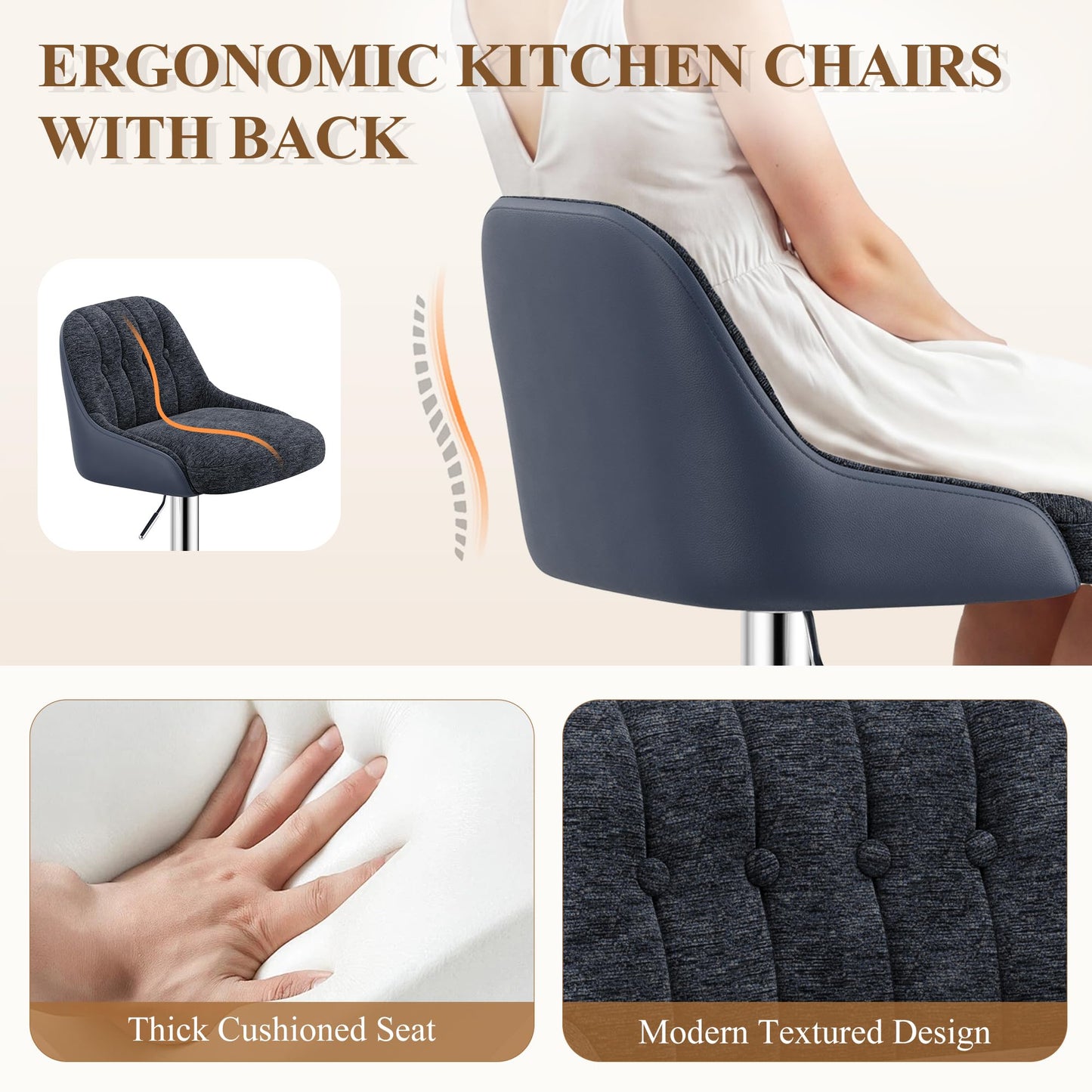 MALOL Adjustable Bar Stools Set of 6, Swivel Counter Stools with Backrest, Chenille & Faux Leather Upholstered Bar Chairs