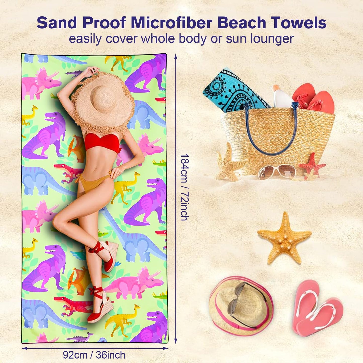 Violetpos Colorful Dinosaur Print Beach Towel, Extra Large 180x90 cm 250GSM Microfibre, Sand Free Quick Dry