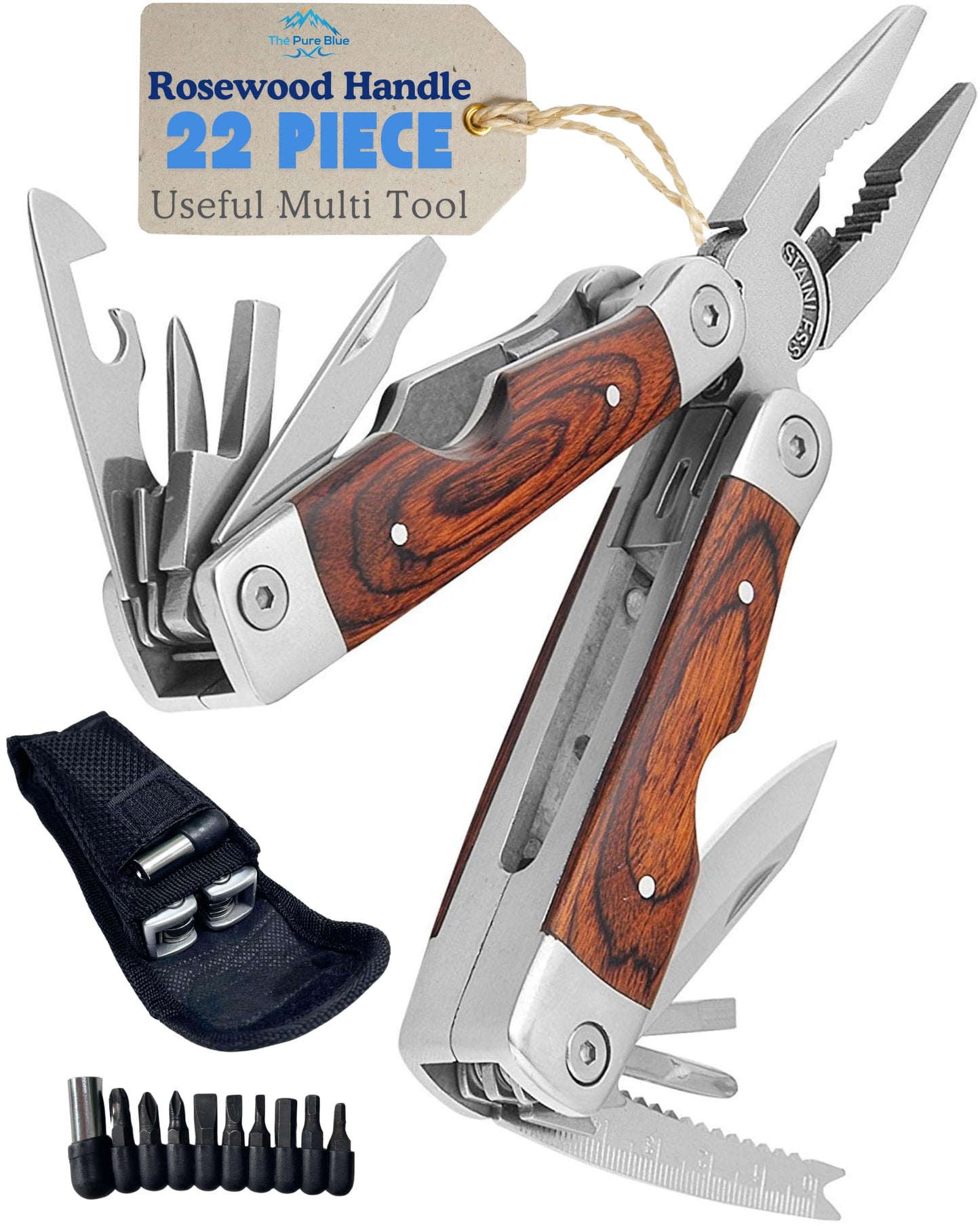 Rosewood Multi Tool, 22 in 1 Tools, Tough Multitool Belt Pouch, Needle & General Pliers, Screwdrivers - Phillips & Flathead, 10 Piece Bit Set, File, 2