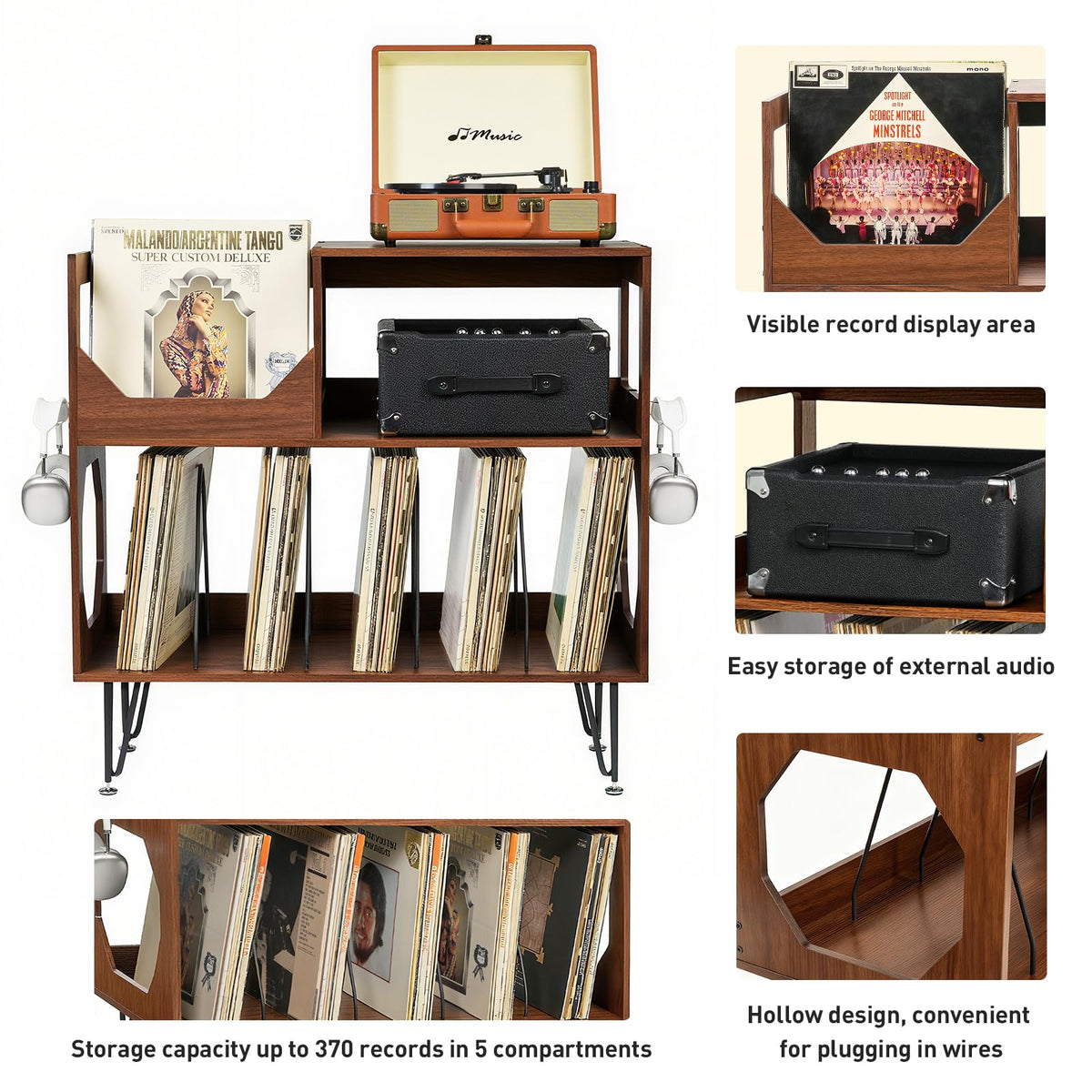 ikkle Large Rustic Record Player Stand, 2 Tier Record Player Table with Vinyl Record Storage, Vinyl Storage Cabinet with Metal Legs