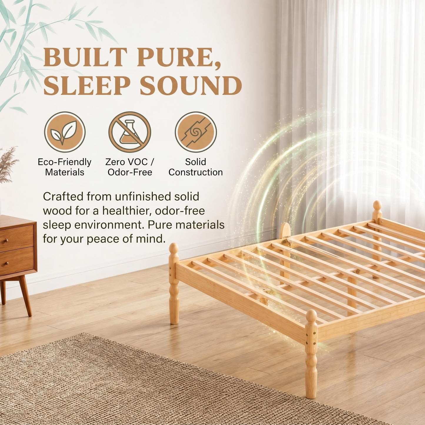 APEXTELLA HOME Single Bed Frame 14-inch Natural Bamboo Wood Platform Bed with Metal Slats Support and Mattress Slide Stopper, Underbed Storage Space