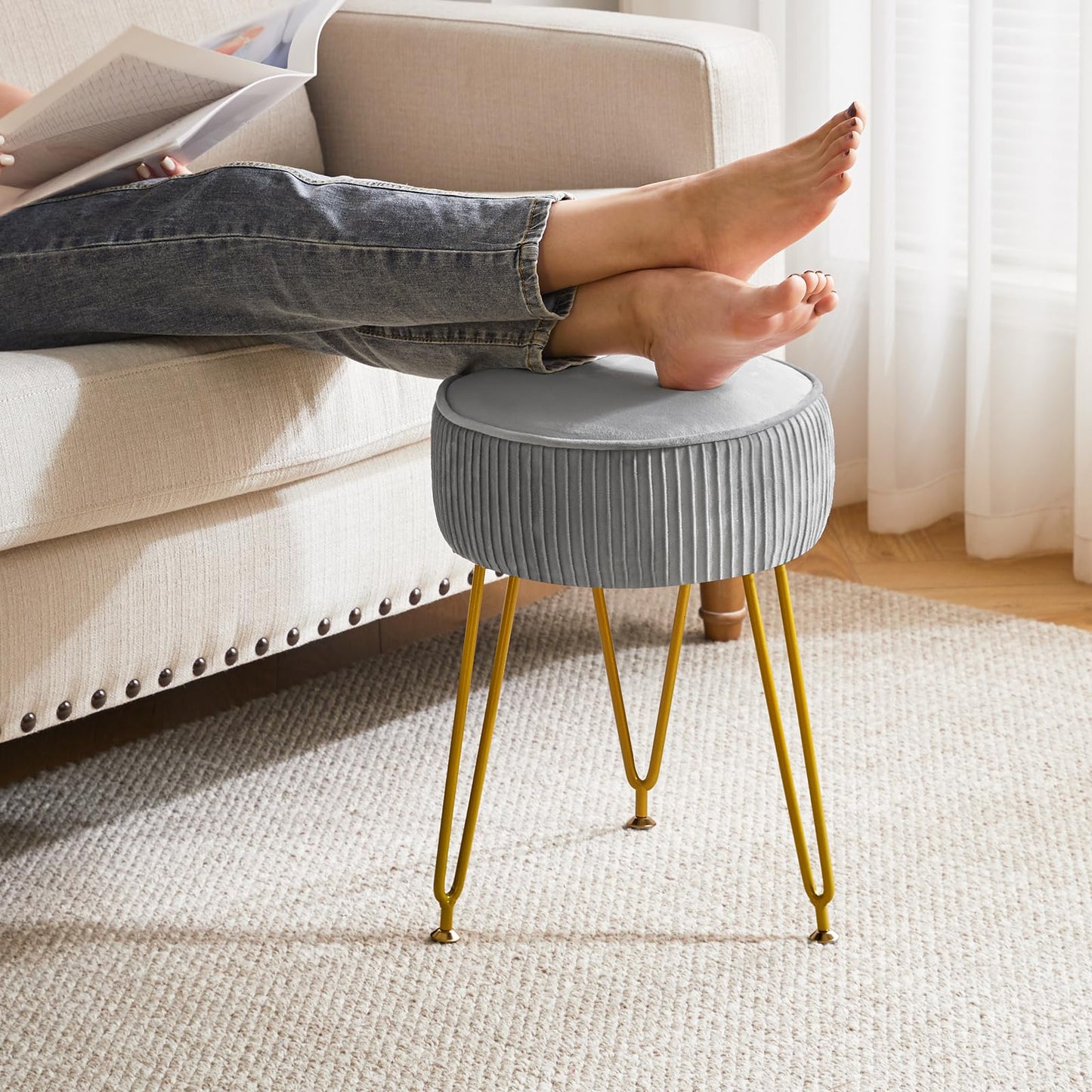 IBUYKE Velvet Vanity Stool Ottoman, Round Footrest Chair, Gray L/G-30G