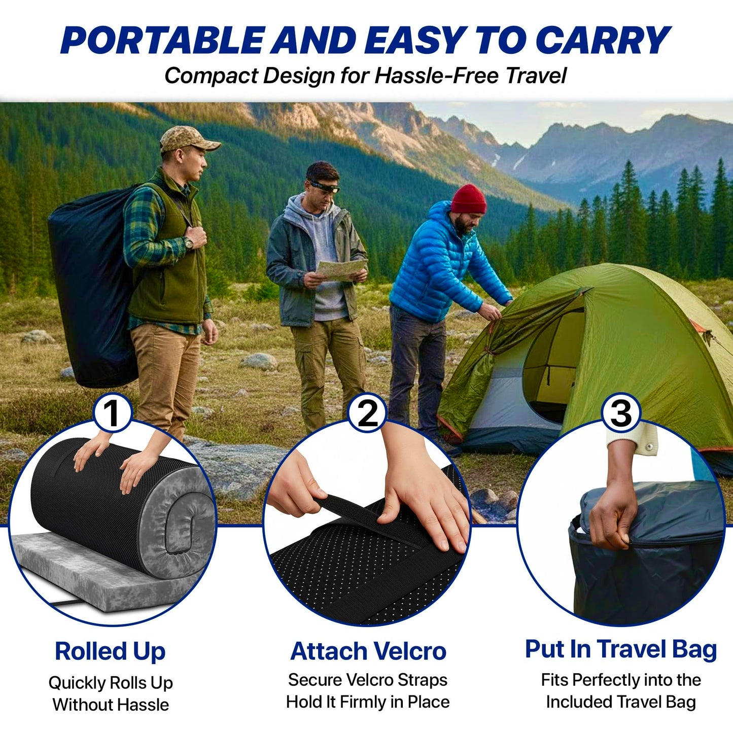 Unique Impression Single Foldable Gel Memory Foam Floor Mattress – Roll Up Topper Pad, Portable Guest Bed for Camping, Camper Van & Home