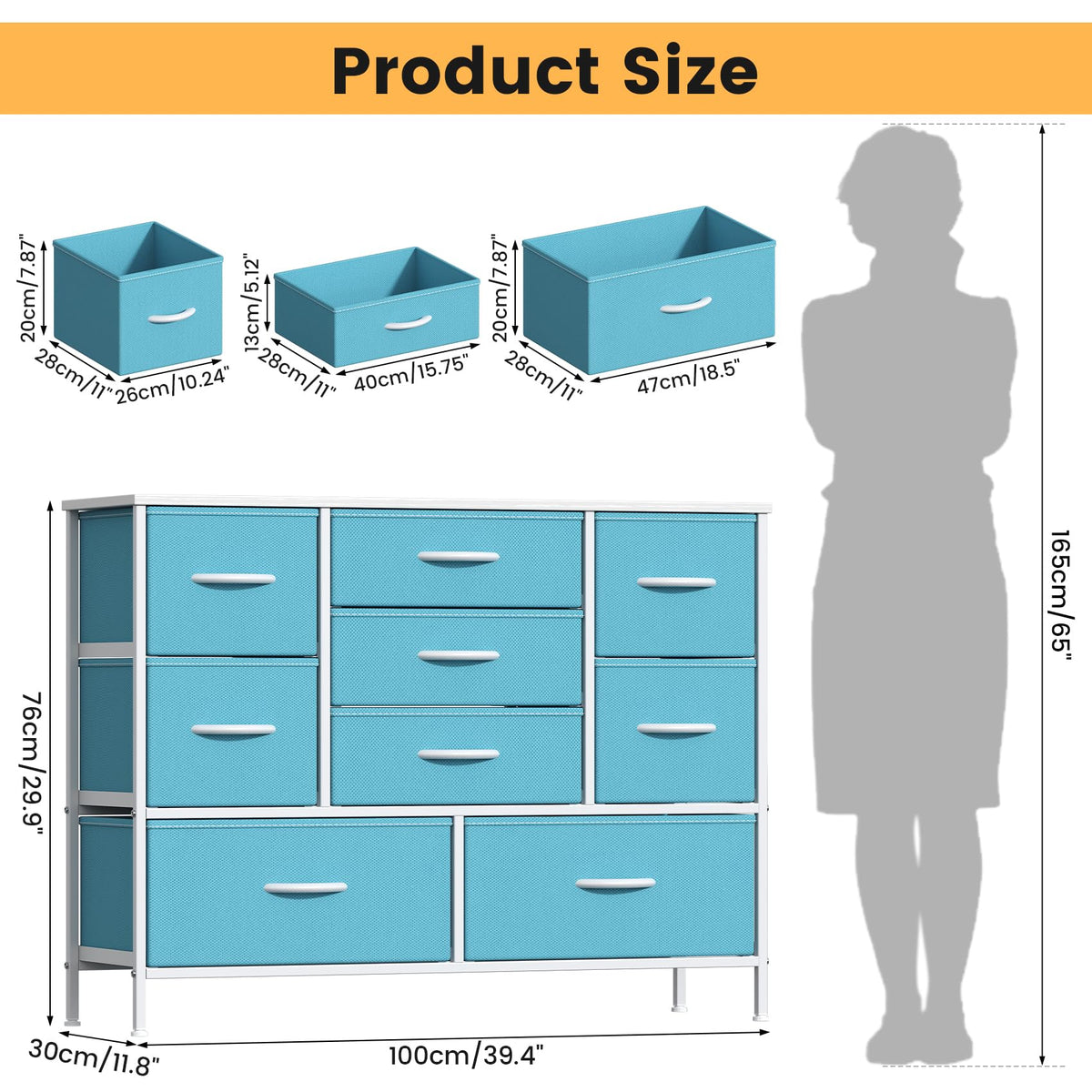 GoaHi Chest of Drawers, Large Dressers with Metal Frame and MDF Wooden Top Board, Adjustable Feet, Anti-Tip Safety