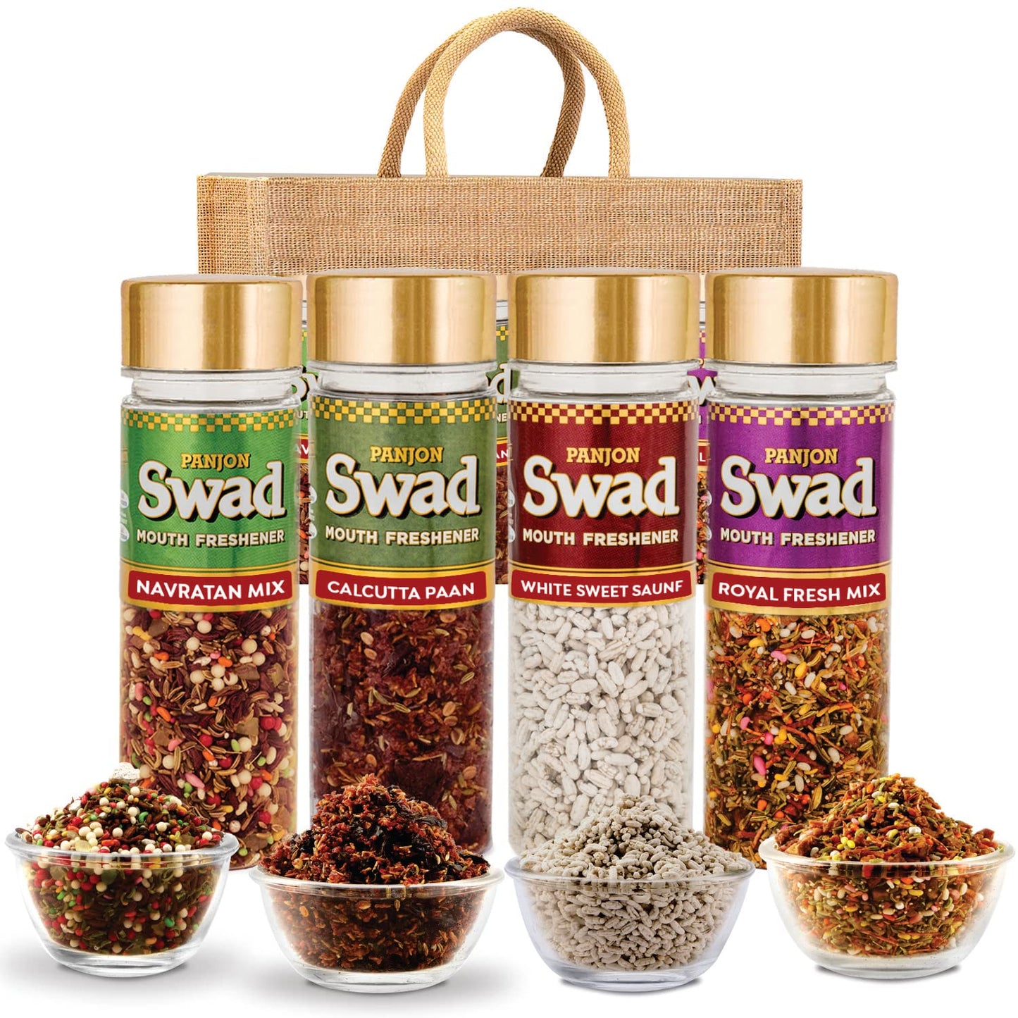 Panjon Swad Combo Mouth Fresheners (White Sweet Saunf, Navratan Elaichi, Calcutta Paan & Royal Fresh Mukhwas) 100% Vegan & Gluten-free | Special Pack