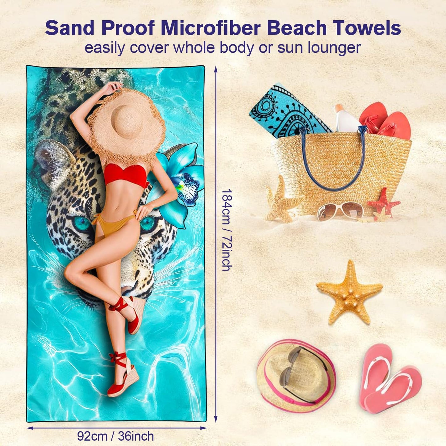 Violetpos Jaguar with Orchid Beach Towel, Extra Large 180x90 cm 250GSM Microfibre, Sand Free Quick Dry