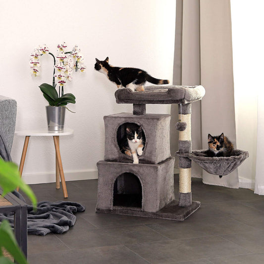 lionto Cat Scratching Post with Plush Ball Including Bell and Lounger Height 70 cm Cat Tree with Sisal & Plush, Cosy Lying Surface and Caves, Suitable