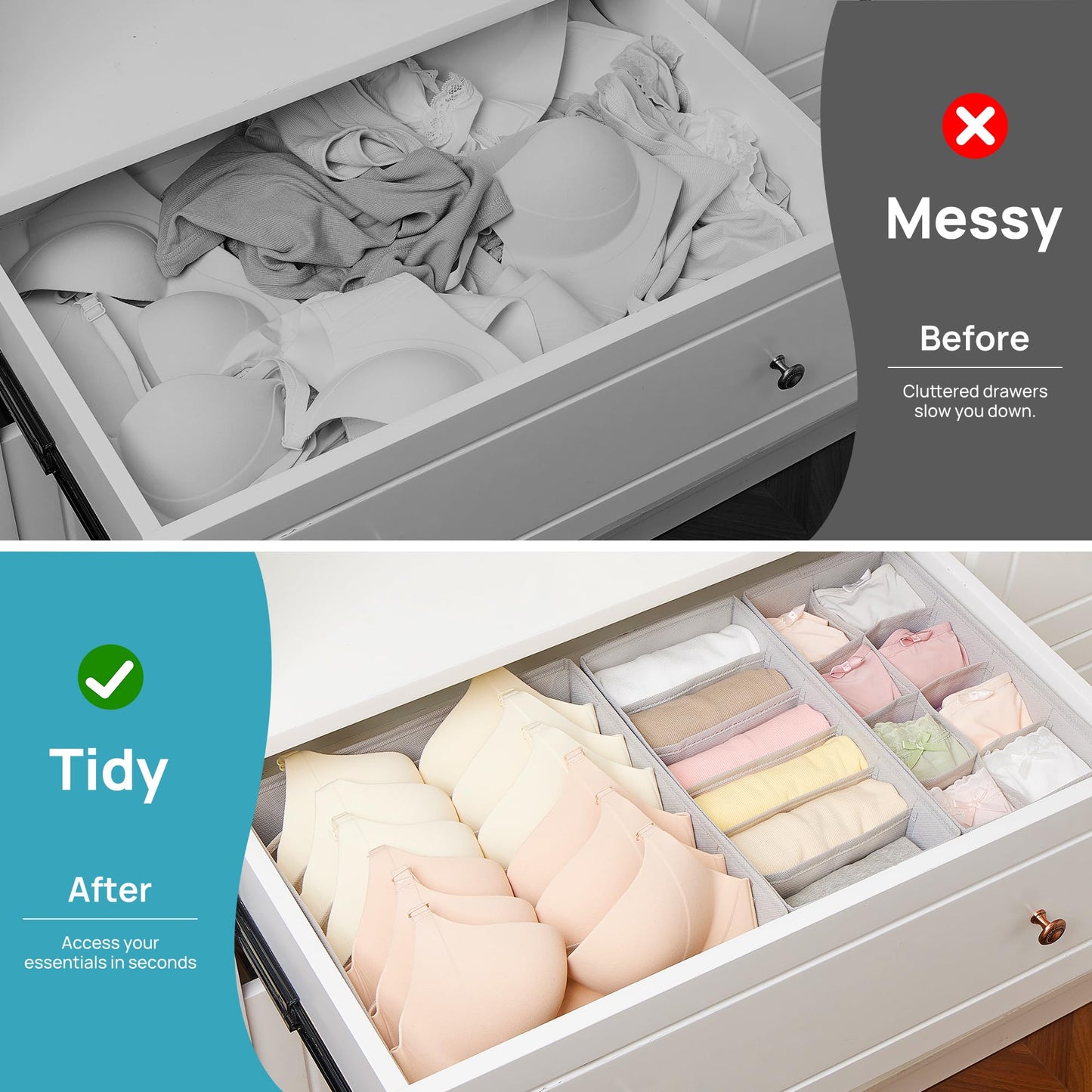 Vtopmart 4 Pack Underwear Drawer Organizers Set, 6+7+8+24 Cells Clothes Drawer Dividers Dresser Organizers Bins for Socks, Bras, Scarves, Ties