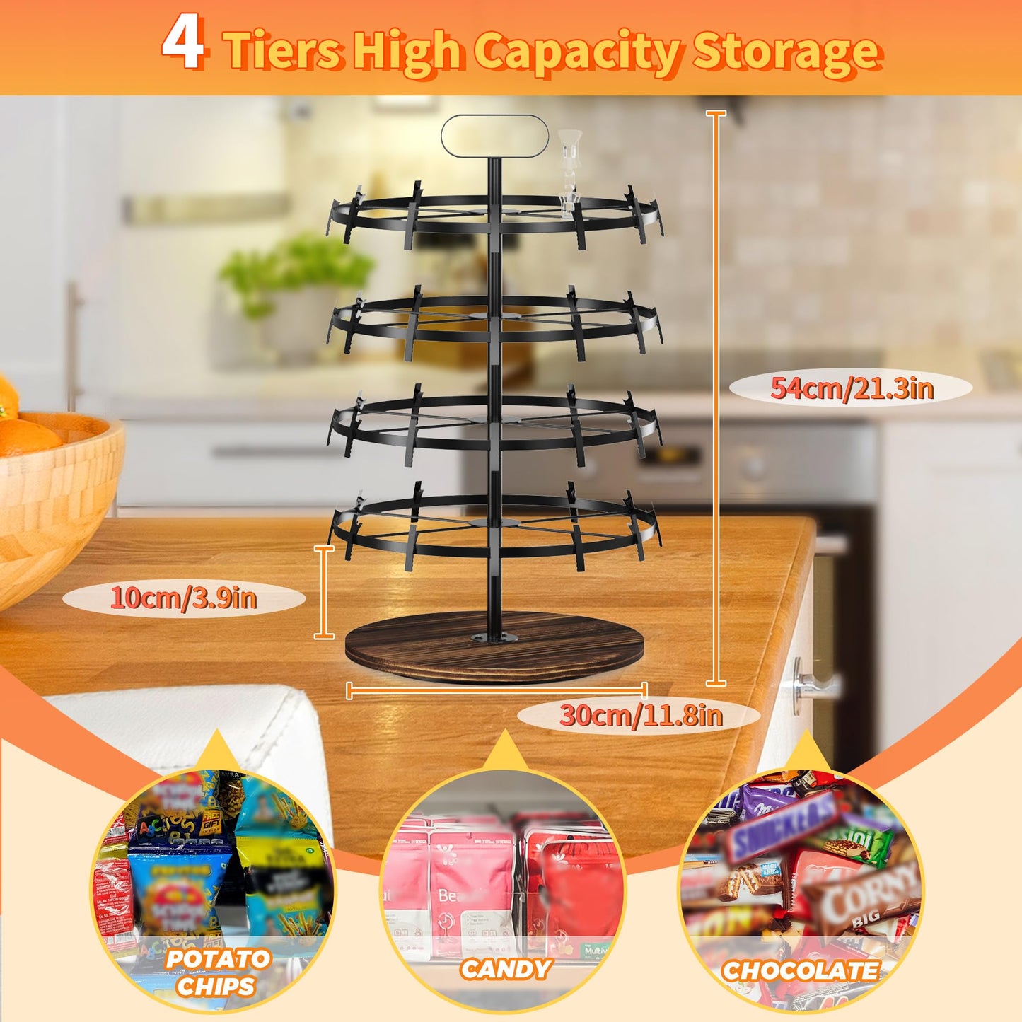 Simaixing 4 Tier Rotating Chip Rack Display Stand with 48 Clips, Countertop Chip Bag Holder with Wooden Base