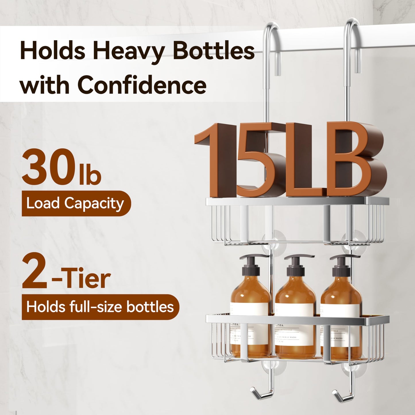 Josmimic Shower Caddy Hanging 2 Tier Over Door Drill Free Bathroom Shelf Shower Organiser, Silver Rustproof