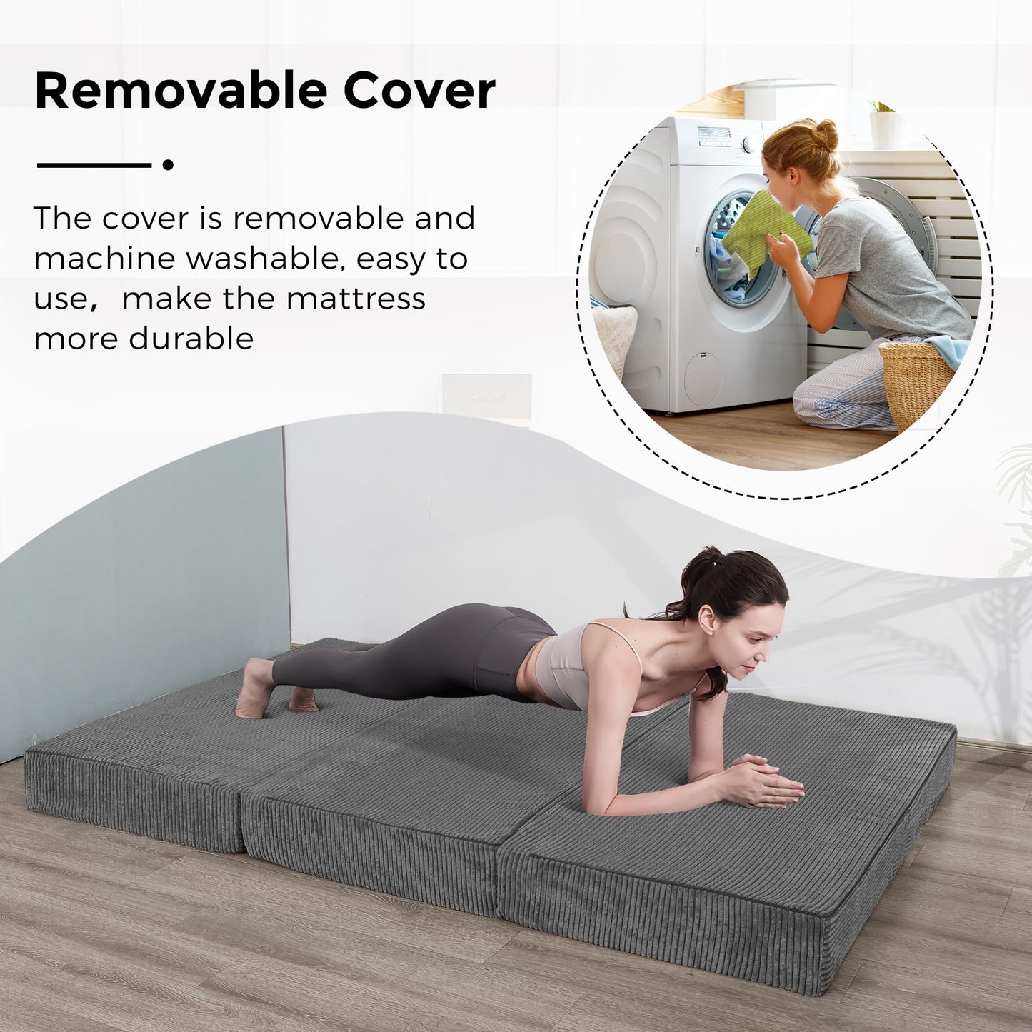 MAXYOYO Folding Corduroy Mattress, Tri Fold Floor Mattress 15cm thick with Washable Cover,Foldable in Three,Space-Saving for Guest (Charcoal, Single)
