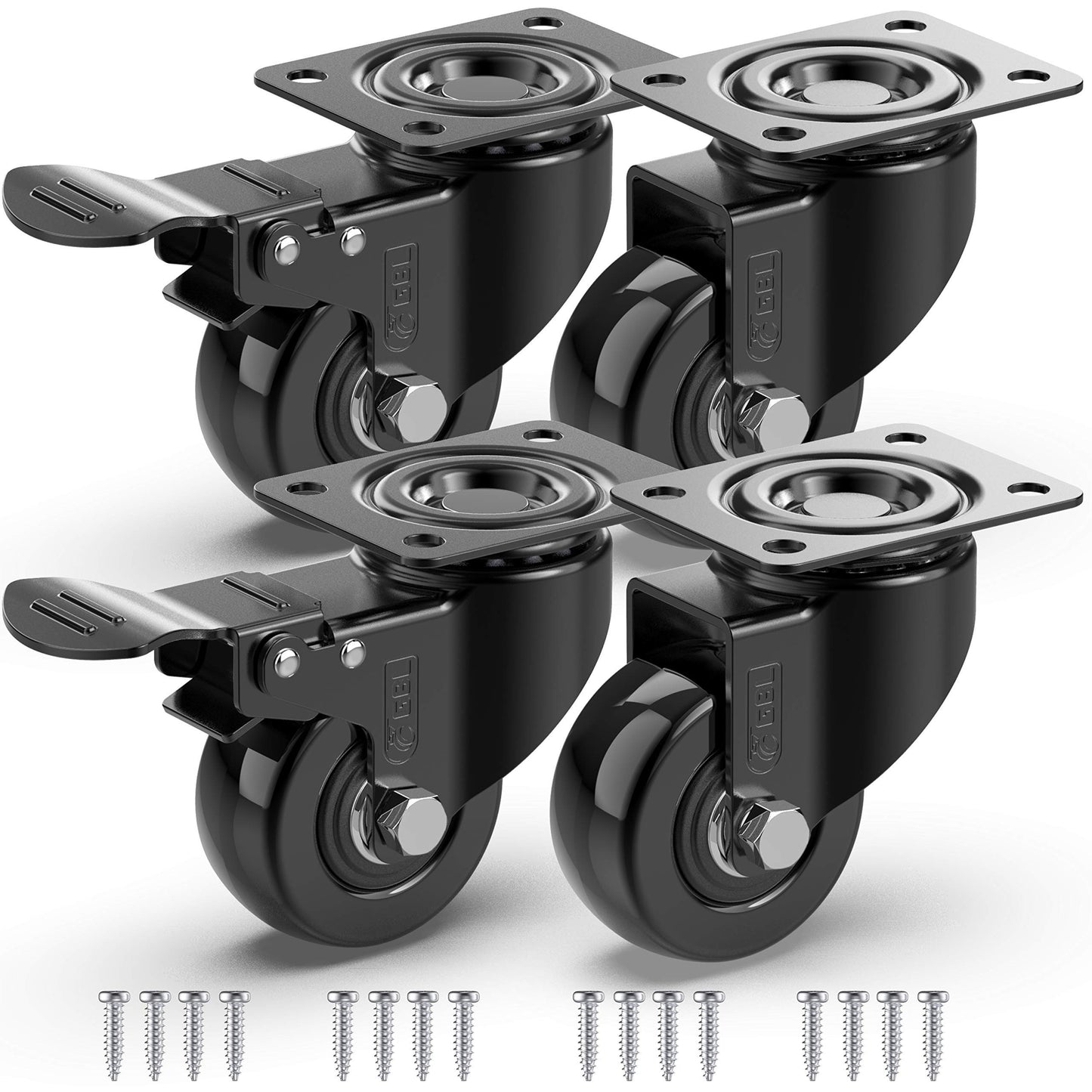 GBL Heavy Duty Castor Wheels with 2 Brakes + Screws - 50mm up to 200KG - Set of 4 No Floor Marks Small Caster for Furniture - Rubbered Trolley Wheels
