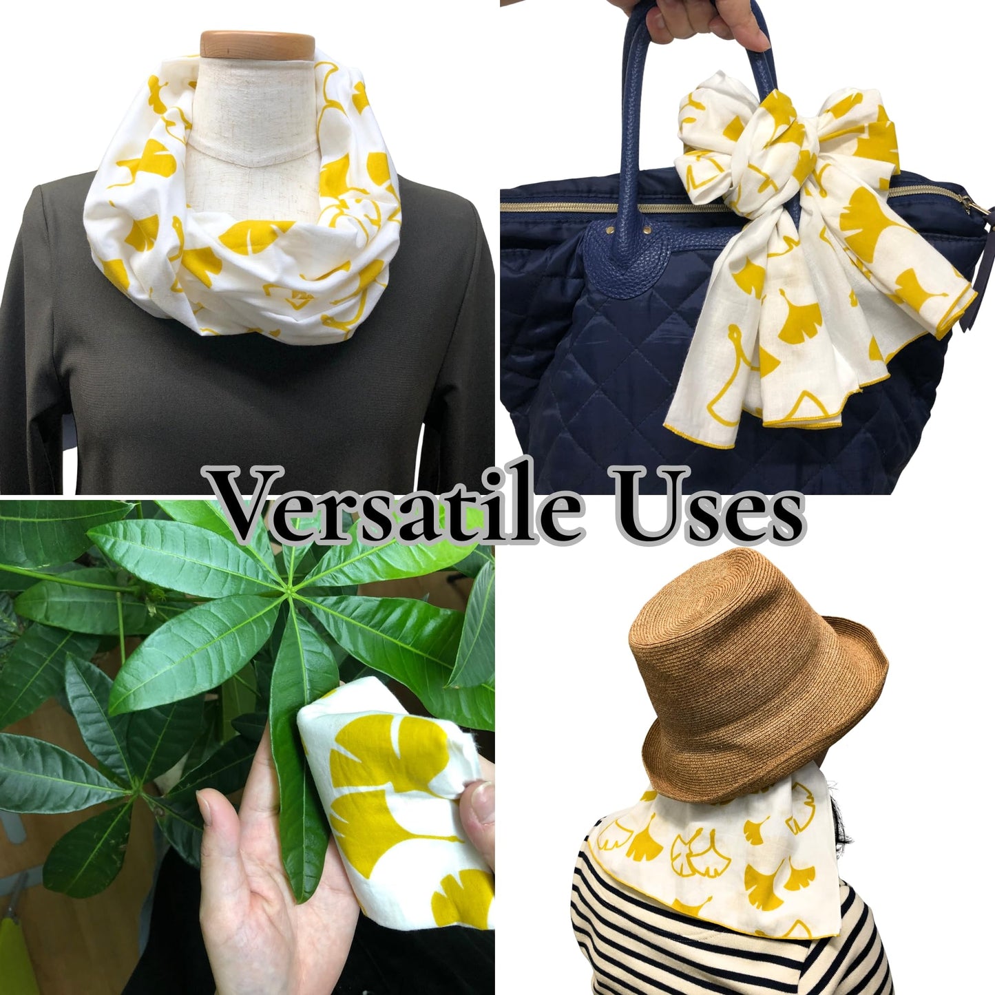 Japanese Tenugui Towel, 34.64"L x 12.99"W, Gingko (Icho) Yellow on White