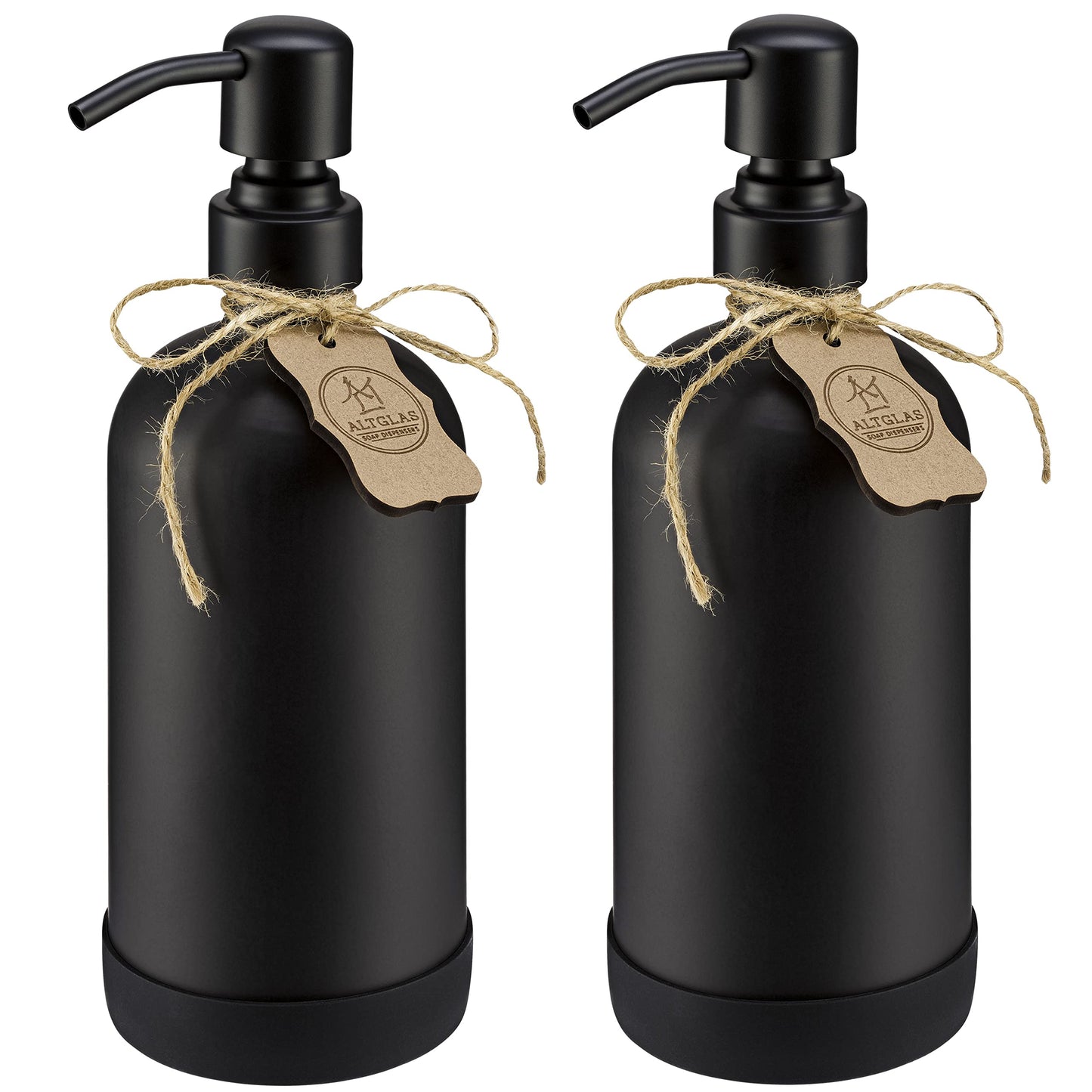 ALTGLAS Refillable Glass Soap Dispenser 'Sarajevo' from Black Bottle with Stainless Steel Pump and Silicone Coaster (500ml, Set of 2)