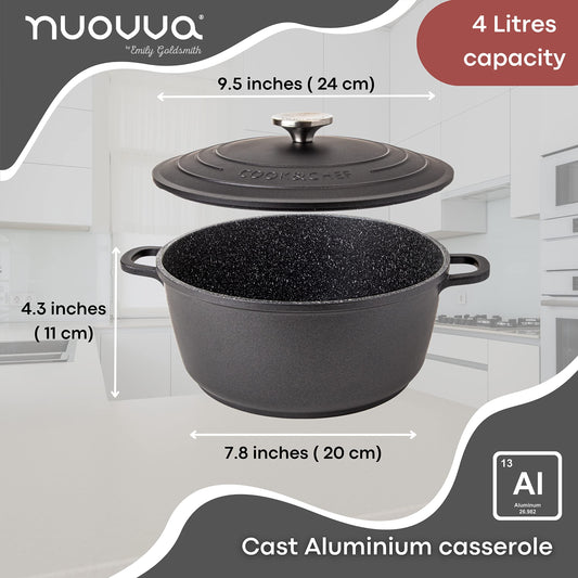 Non-Stick Aluminium Pot with Lid Sturdy Deep Dutch Oven Casserole Pot with Ergonomic Handles 4L, 24cm Oven Safe Cooking Pot by Nuovva