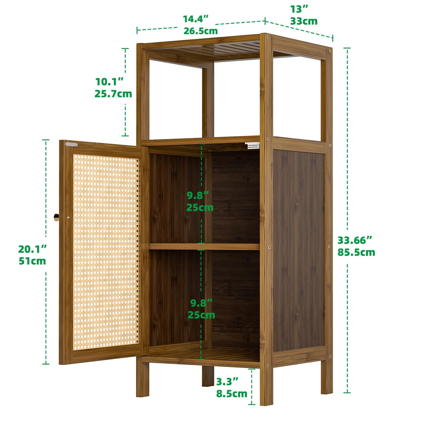vovala Bamboo Floor Cabinet, Bathroom Storage Organizer Rack with Single Rattan Door and 1 Shelf, Small Wooden Side Cupboard Stand for Entryway