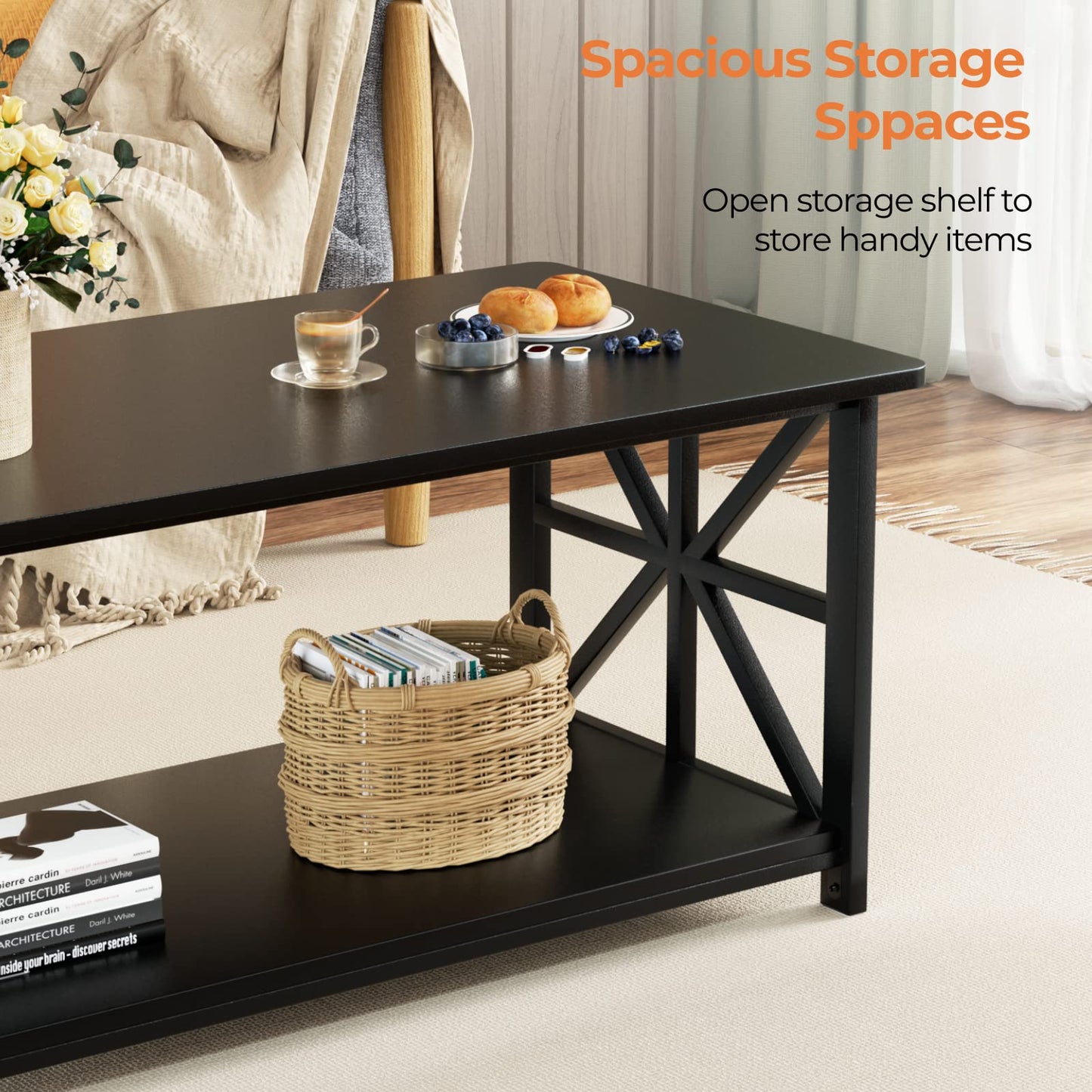 GreenForest Coffee Table with 2-Tier Storage,100 cm Living Room Table with Round Corner, Center Table with X-Frame Design for Home Office,Black